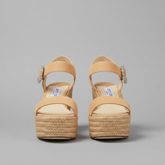 La Volta Jimmy Choo Mirabelle tan suede espadrille wedges with crystal-embellished ankle straps and braided rope soles.
