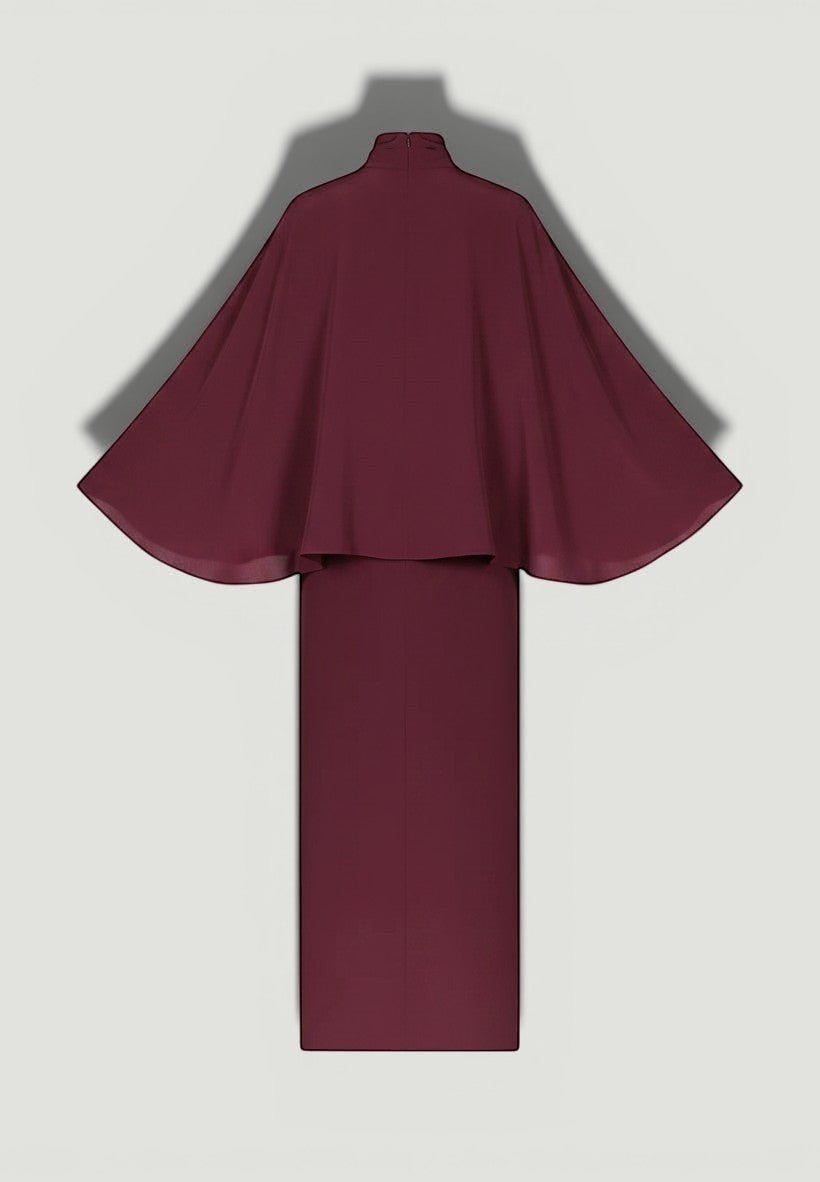 La Volta Johanna Ortiz burgundy ankle-length dress featuring dramatic cape-style sleeves in a back view.