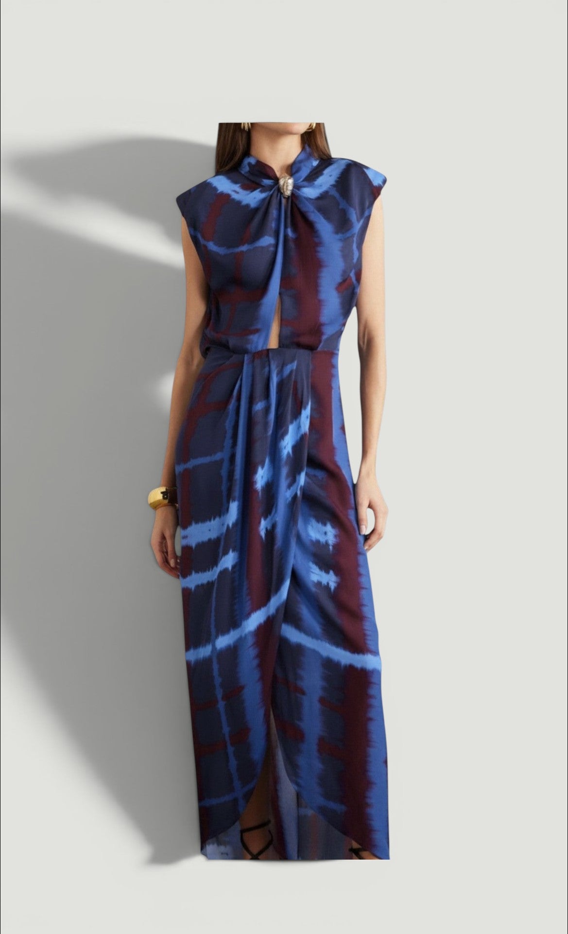 La Volta Johanna Ortiz cobalt and burgundy silk georgette maxi dress with a split front and pinned crewneck design.