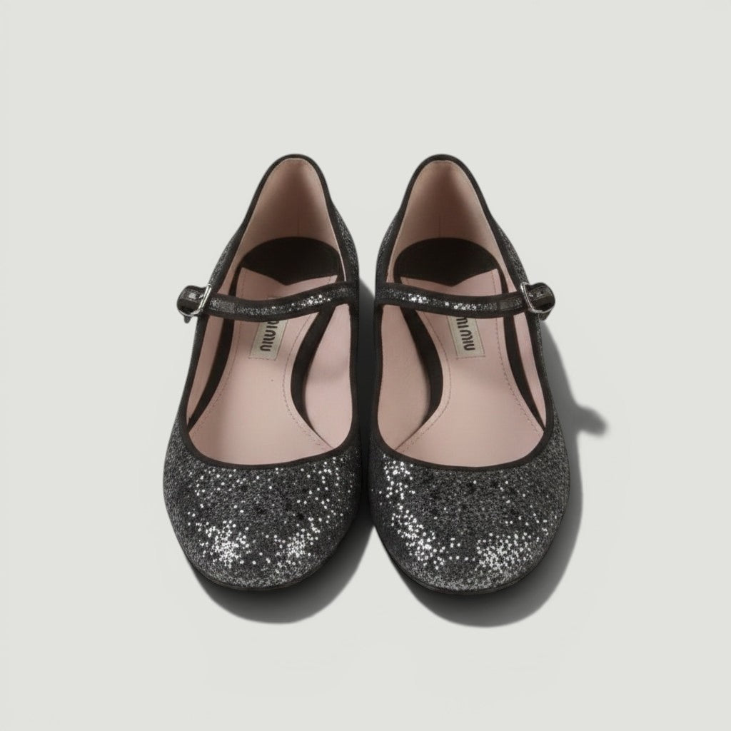 La Volta MIU MIU black glitter Mary Jane flats with adjustable straps and rounded toe, size 36.5.