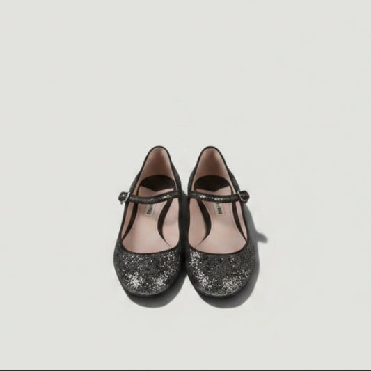 La Volta MIU MIU black glitter Mary Jane flats with adjustable straps and rounded toe, size 36.5.
