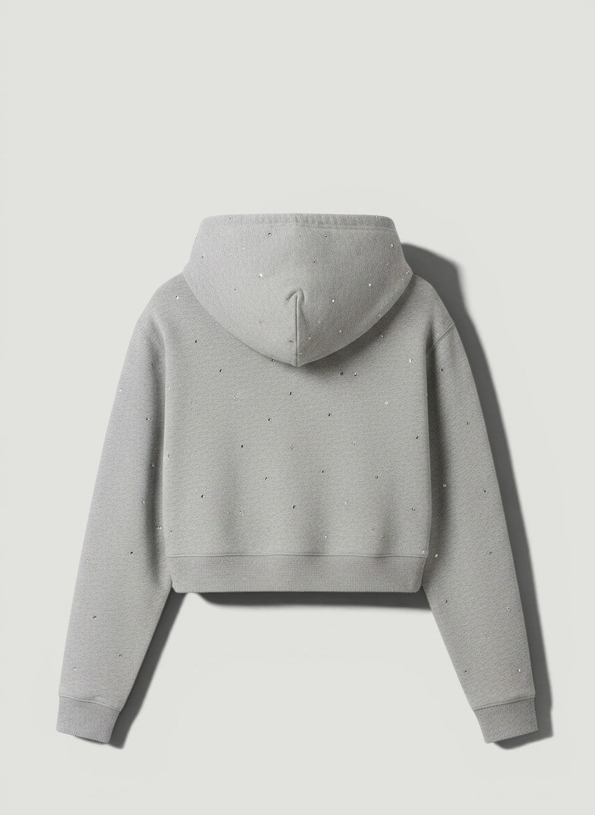 La Volta MIU MIU gray cotton fleece cropped hoodie with scattered rhinestone crystal embellishments and ribbed hem.