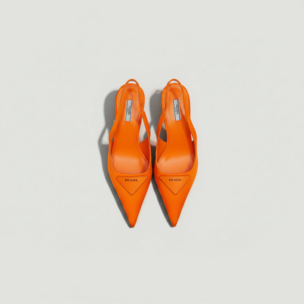 La Volta Prada orange textile pointy-toe kitten heel slingbacks with triangular logo and elasticized strap