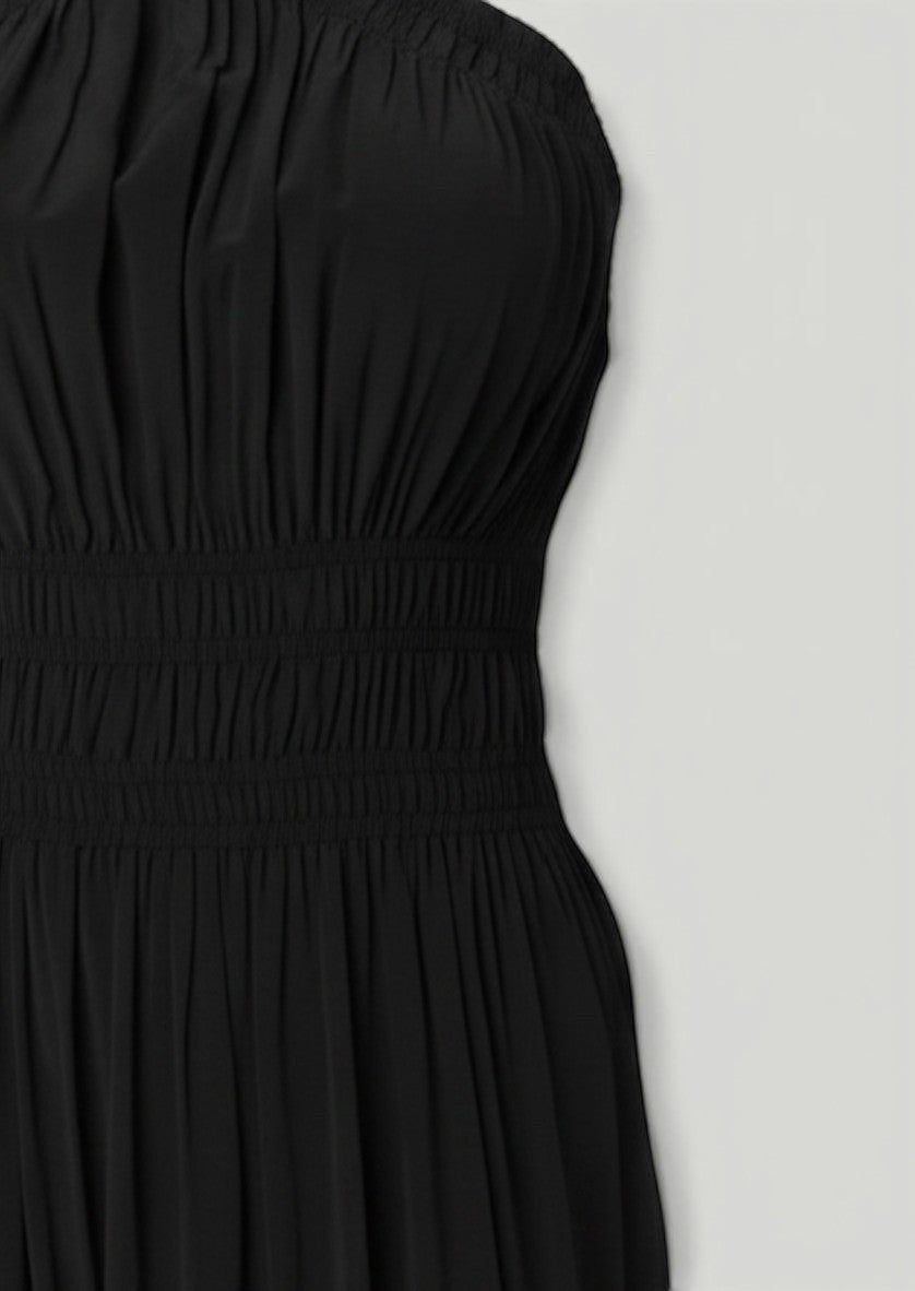 La Volta Proenza Schouler black sleeveless dress with shirred gathered detailing and a halter neck design.