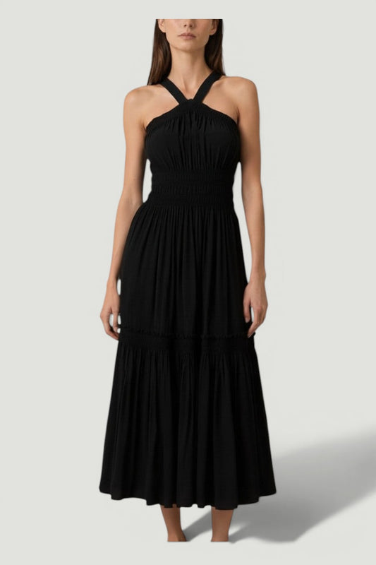 La Volta Proenza Schouler black sleeveless midi dress with halter neck and shirred gathered detailing