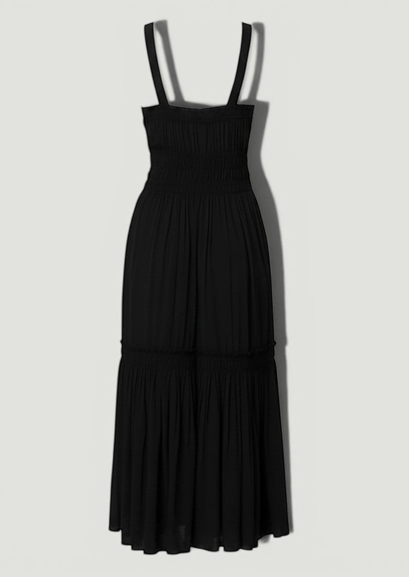 La Volta Proenza Schouler black sleeveless midi dress with shirred bodice and gathered detailing