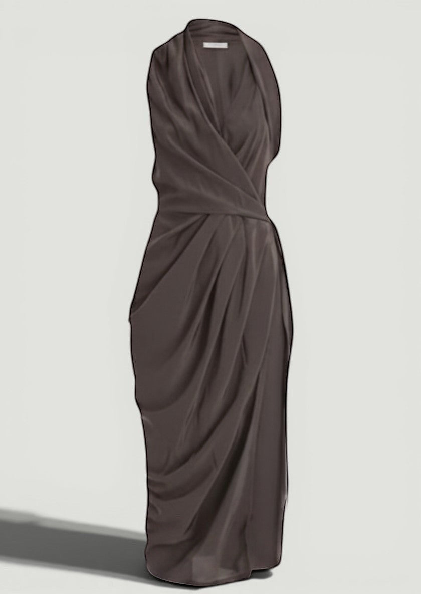La Volta RICK OWENS grey silk wrap dress with a sleeveless design, V-neck, and draped mid-length silhouette.