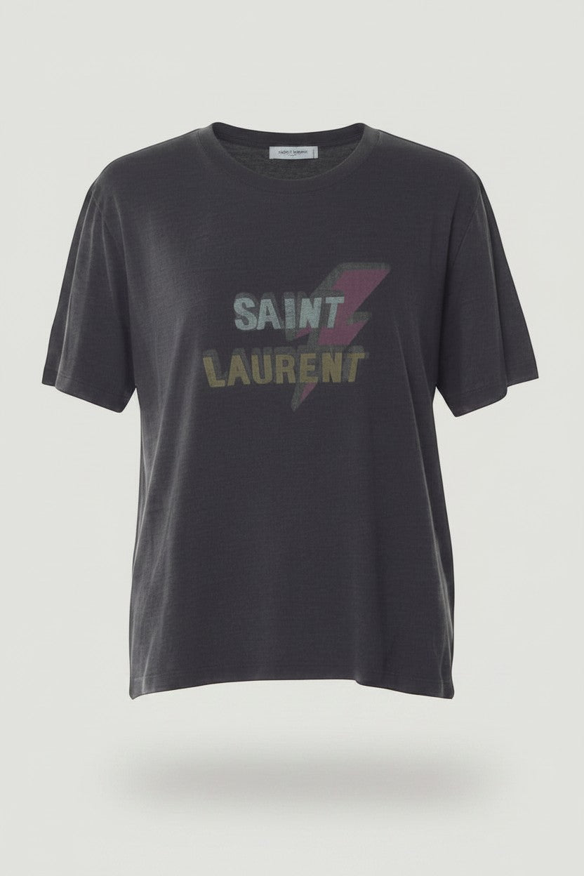La Volta SAINT LAURENT charcoal cotton jersey t-shirt with a multicolor lightning bolt logo graphic and crewneck.