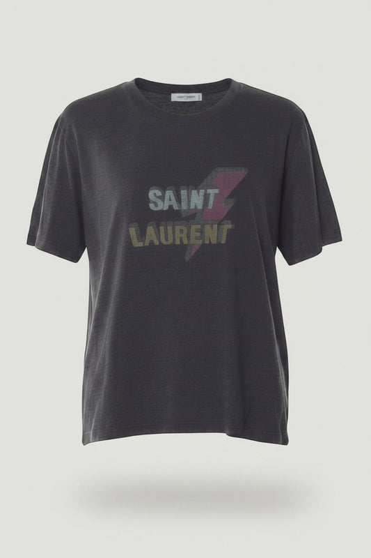La Volta SAINT LAURENT charcoal cotton jersey t-shirt with a multicolor lightning bolt logo graphic and crewneck.