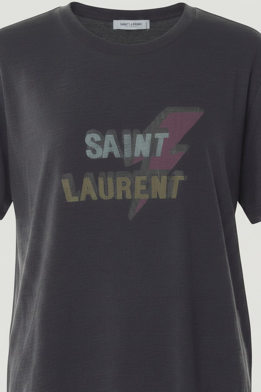 La Volta charcoal cotton jersey Saint Laurent t-shirt with multicolor lightning bolt logo graphic and crewneck.