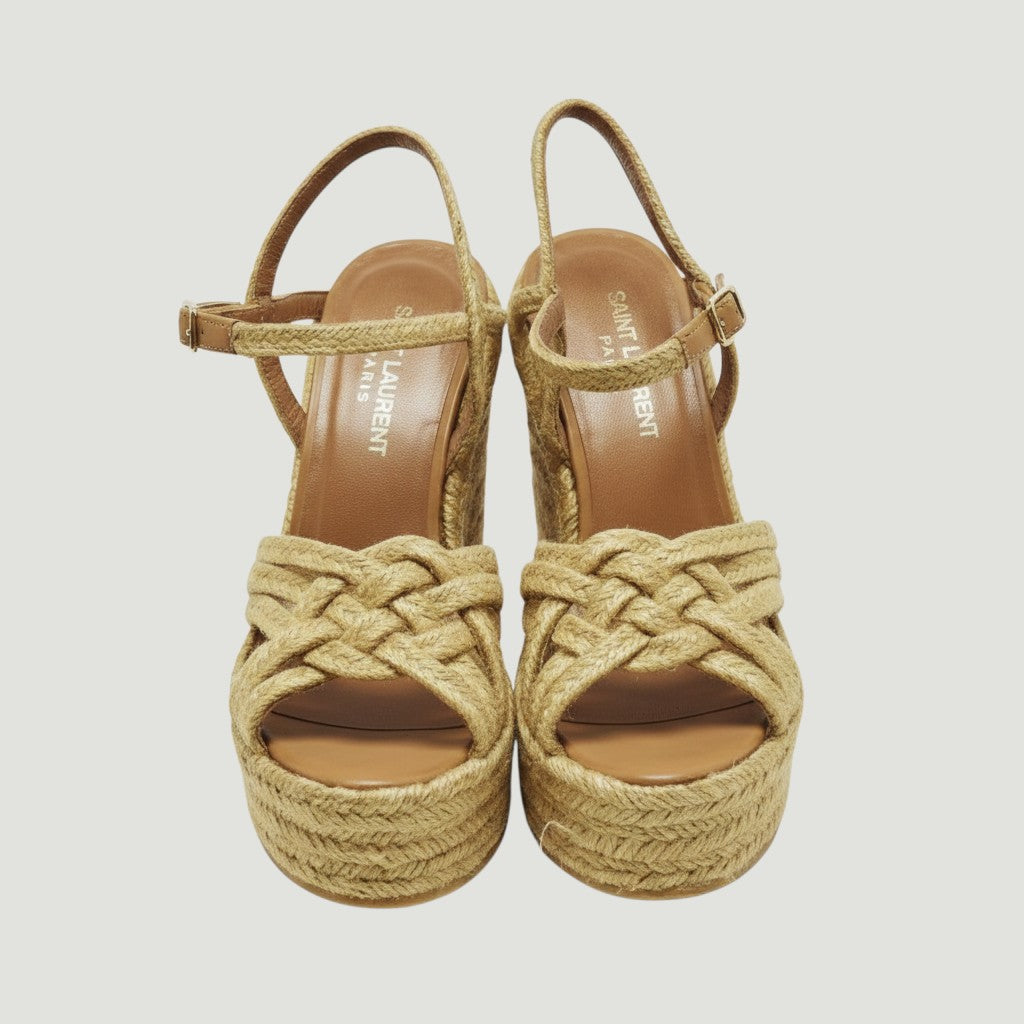 La Volta Saint Laurent neutral leather and braided jute platform wedge espadrilles with ankle buckle strap.