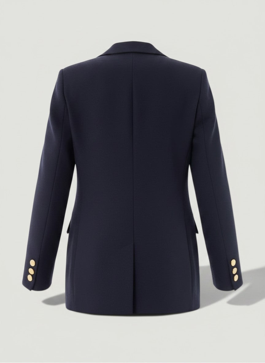 La Volta Stella McCartney navy wool blazer, back view showing single vent and gold button cuffs.
