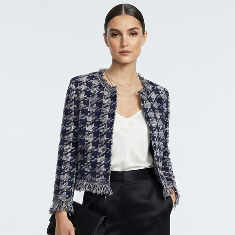 Oscar De La Renta Navy Sequin Houndstooth Crop Jacket SIZE MEDIUM